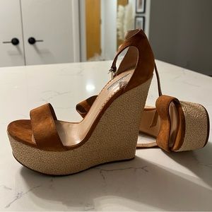 Emporio Armani Leather Wedge Sandals in Brown, Size 7.5 (37.5 EUR)